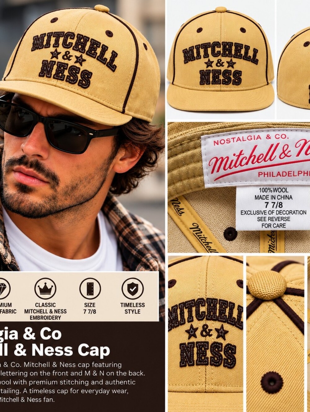 Mitchell & Ness Mustard Wool Baseball Cap with Chocolate Embroidery